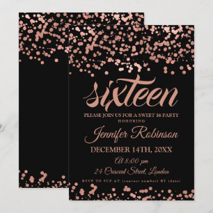 Invitation Élégant sucré 16 Roses Gold & Black Foil Confetti