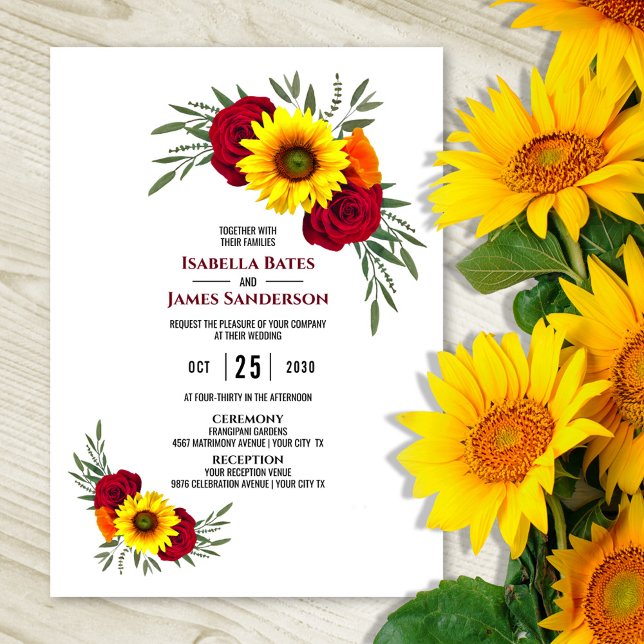 Invitation Elégant Sunflower Bourgogne Rose Mariage Réception (Créateur téléchargé)