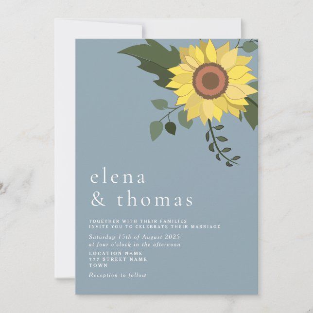 Invitation Elégant Sunflower Dusty Mariage bleu (Devant)