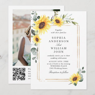 Invitation Elégant Sunflower Eucalyptus Mariage Photo Code QR