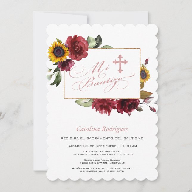 Invitation Élégant Sunflowers Bourgogne Gold Cross Baptism (Devant)