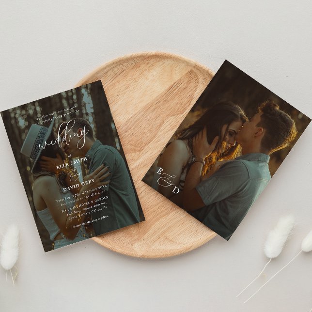 Invitation Élégant superposition 2 script photo Mariage Monog (Créateur téléchargé)