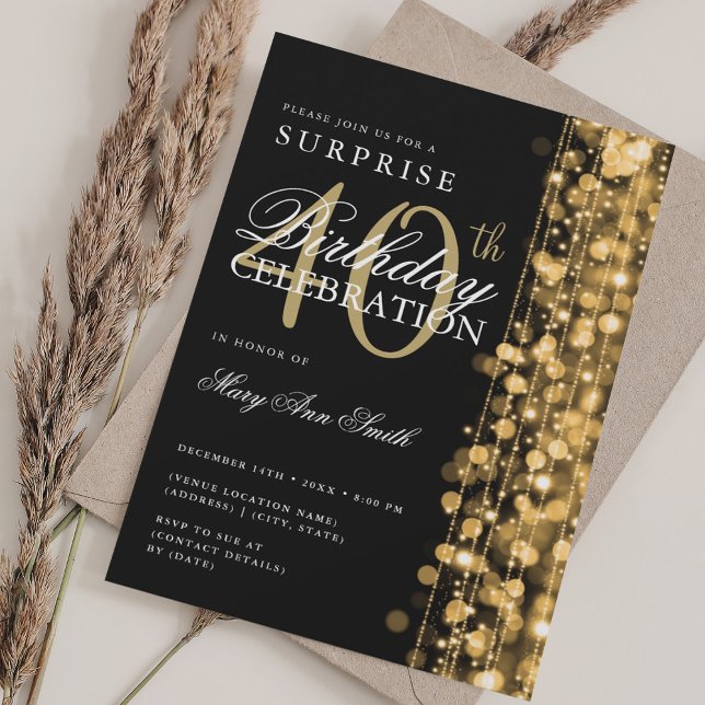 Invitation Elégant Surprise 40e anniversaire étincelles or (Elegant Surprise 40th Birthday Sparkles Gold Invitation)