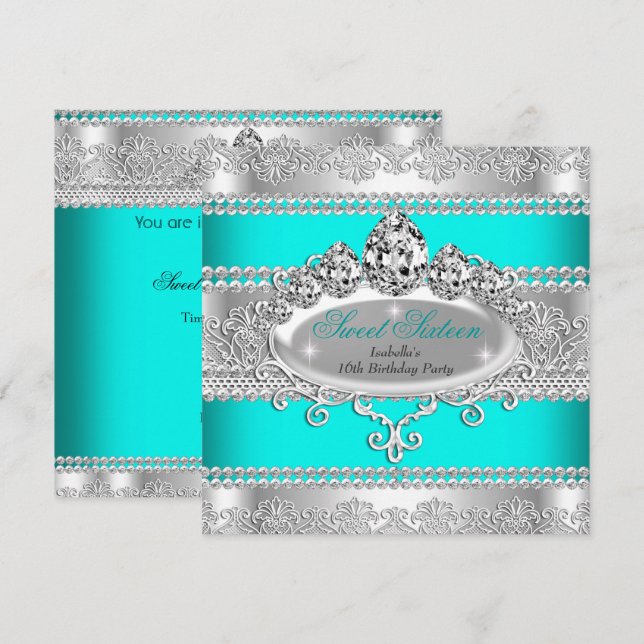 Invitation Élégant Sweet 16 Anniversaire Princesse Turquoise  (Devant / Derrière)