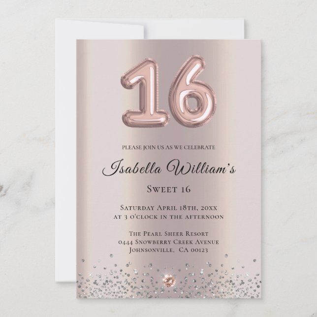 Invitation Élégant Sweet 16 Anniversaire Rose de ballon or hu (Devant)