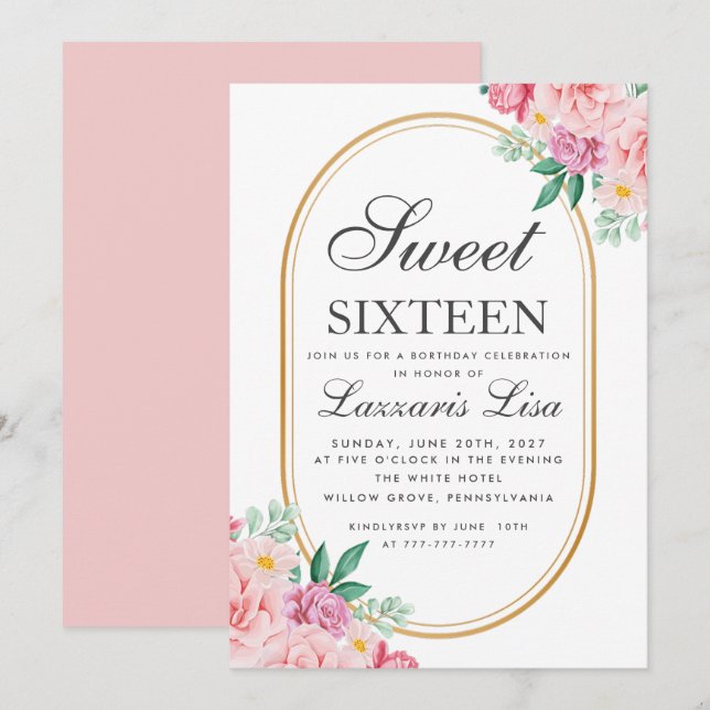 Invitation Élégant Sweet 16 Aquarelle rose Floral Anniversair (Devant / Derrière)
