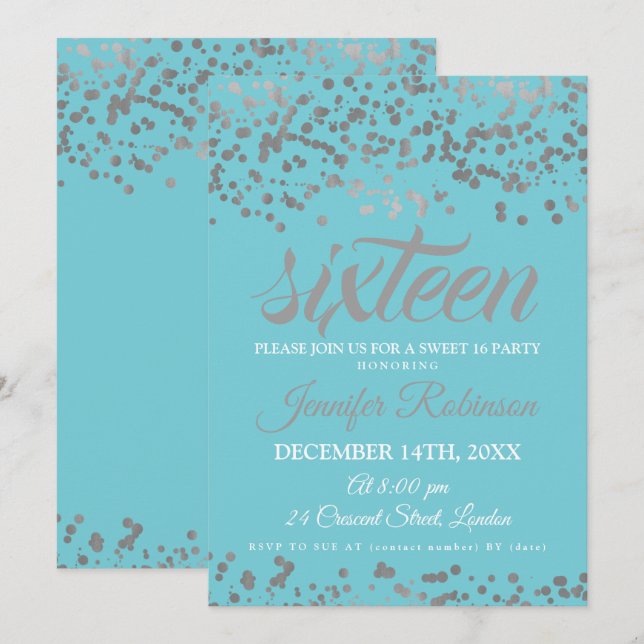 Invitation Elégant Sweet 16 Confetti d'argent et d'huile bleu (Devant / Derrière)
