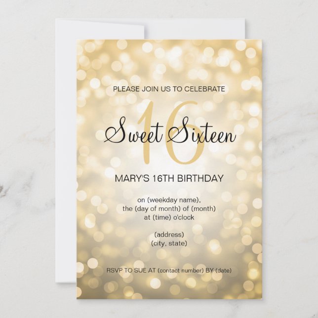 Invitation Élégant Sweet 16 Lumières Parties scintillant Or A (Devant)