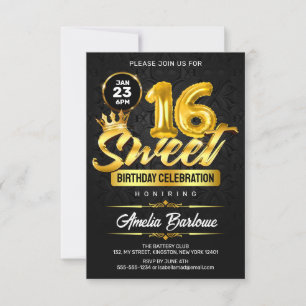 Invitation Élégant Sweet 16 Noir et Or Premium