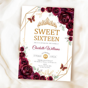 Invitation Élégant Sweet 16 Roses Bourguignon Or