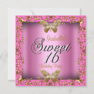 Invitation Élégant Sweet 16 Sixteen Rose Gold Butterfly