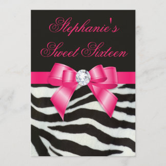 Invitation Élégant Sweet 16 Zebra Stripes Hot Pink Bow