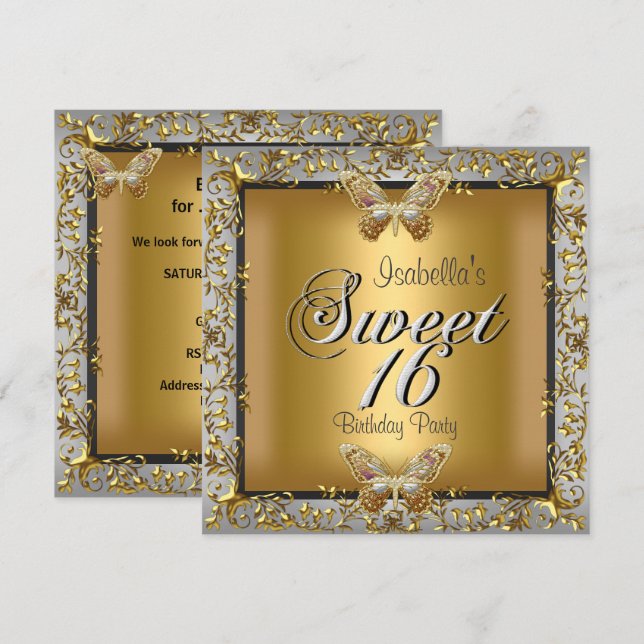 Invitation Elégant Sweet sixteen 16 Gold Butterfly (Devant / Derrière)
