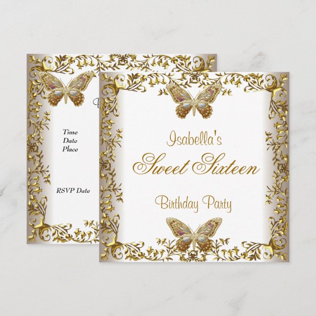 Invitation Élégant Sweet sixteen 16 Papillon blanc Or (Devant / Derrière)