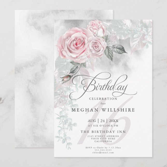 Invitation Elégant Sweet sixteen Aquarelle Anniversaire Rose (Devant / Derrière)