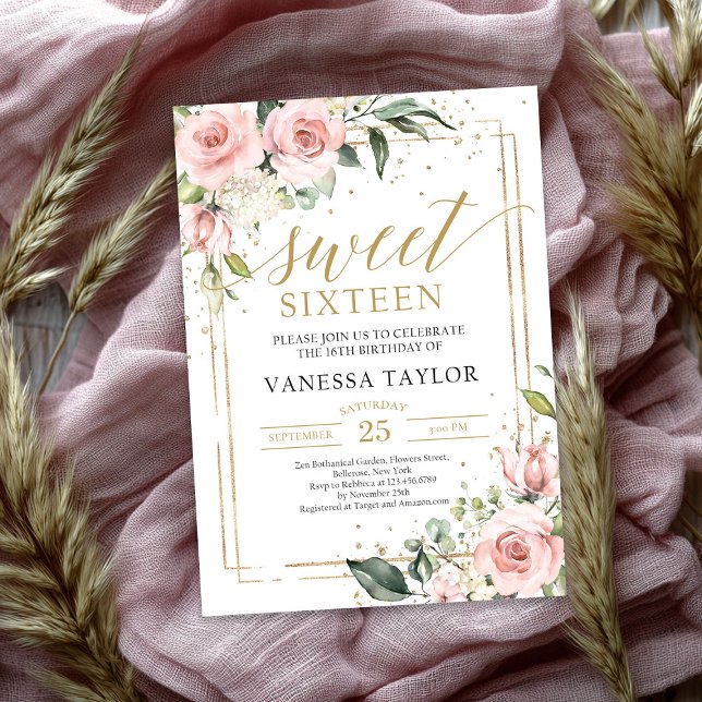 Invitation Élégant sweet sixteen boho rose rose floral or (Elegant boho blush pink floral gold sweet sixteen invitation)