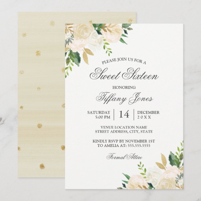 Invitation Elégant Sweet sixteen d'aquarelle dorée (Devant / Derrière)