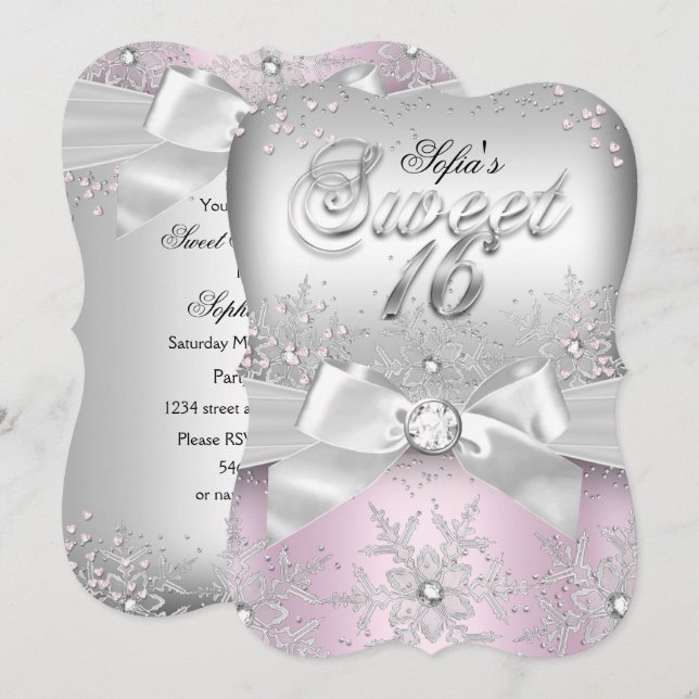 Invitation Élégant Sweet sixteen de bijoux rose Bow argent In (Devant / Derrière)