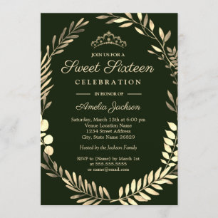 Invitation Élégant Sweet sixteen de couronne d'or Emerald Gre