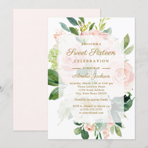 Invitation Élégant Sweet sixteen de fleur rose