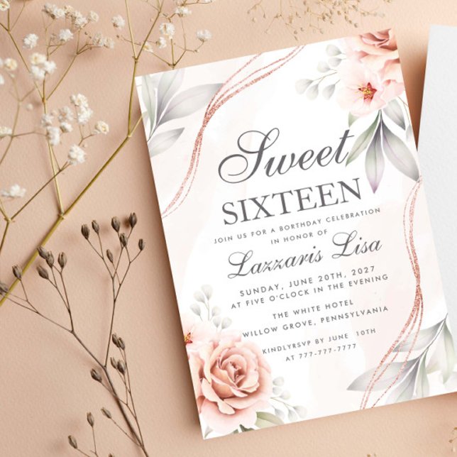Invitation Elégant Sweet sixteen de Parties scintillant Flora (Créateur téléchargé)
