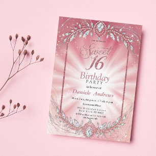 Invitation Élégant Sweet sixteen diamant rose étincelant