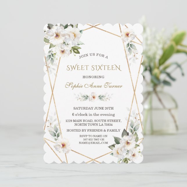 Invitation Élégant Sweet sixteen d'or Rose sauvage blanc (Debout devant)