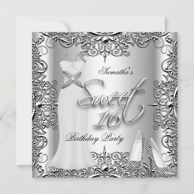 Invitation Élégant Sweet sixteen doux 16 Party argent blanc (Devant)