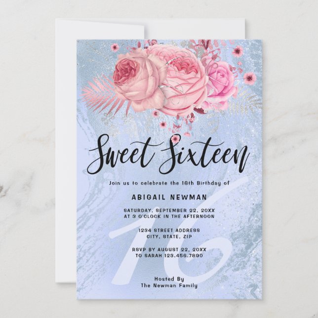 Invitation Élégant sweet sixteen en marbre bleu parties scint (Devant)