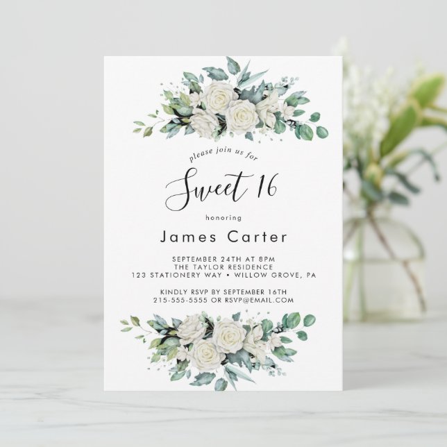 Invitation Elégant Sweet sixteen Floral Blanc Anniversaire (Debout devant)
