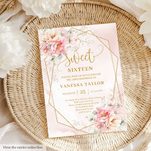 Invitation Élégant Sweet sixteen floral or rose pâle