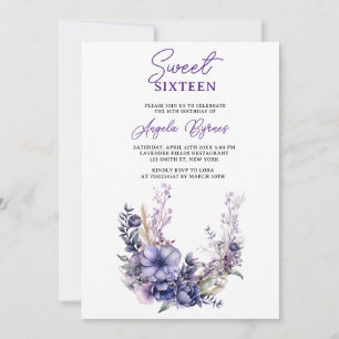 Invitation Elégant Sweet sixteen Floral Purple