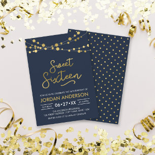 Invitation Élégant Sweet sixteen moderne Blue Faux Gold Light
