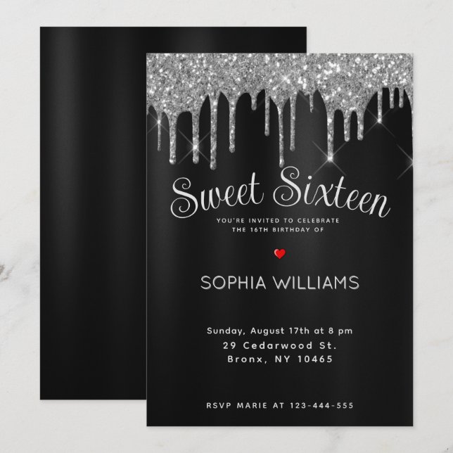 Invitation Elégant Sweet sixteen noir et argent personnalisé (Devant / Derrière)