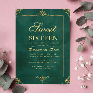 Invitation Elégant Sweet sixteen Or 16 Vert Anniversaire