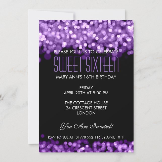 Invitation Élégant Sweet sixteen parkling Lumière violette (Devant)
