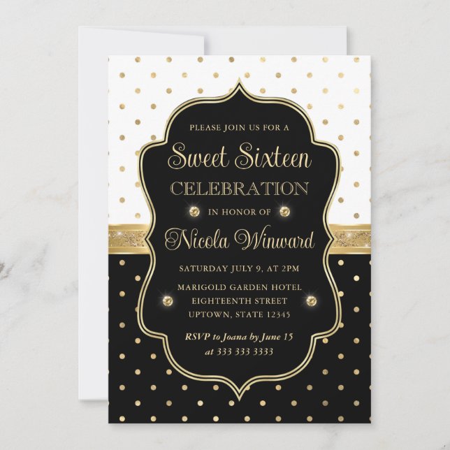 Invitation Élégant Sweet sixteen Pois noir et blanc (Devant)