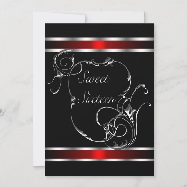 Invitation Élégant Sweet sixteen rouge noir en argent (Devant)