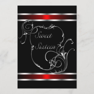 Invitation Élégant Sweet sixteen rouge noir en argent