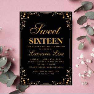Invitation Elégant Sweet sixteen simple 16 Noir Anniversaire