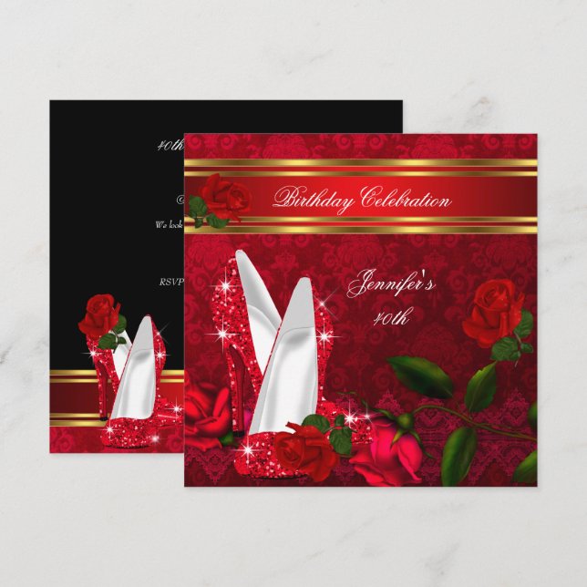 Invitation Élégant talons hauts Rouge Rose Noir Or Anniversai (Devant / Derrière)