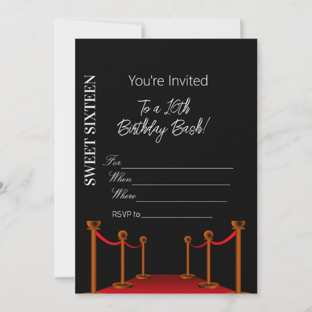 Invitation Elégant tapis rouge noir Hollywood 16e anniversair (Devant)