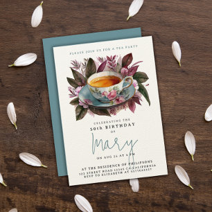 Invitation Élégant Tasse de Thé de Fête en Bourgogne Floral A