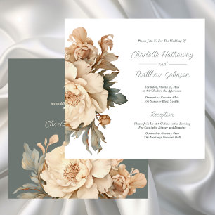 Invitation Élégant Taupe Avec Mariage Floral Vert