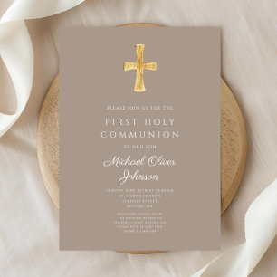 Invitation Elégant Taupe Cross Boy First Communion