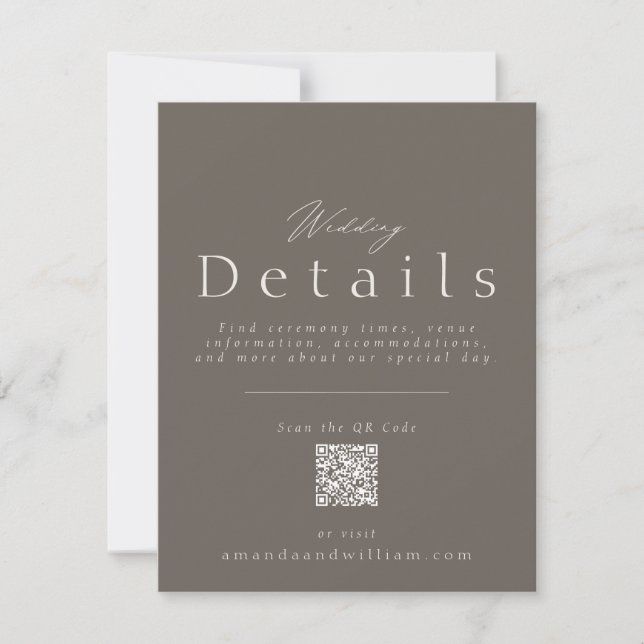 Invitation Elegant Taupe Wedding Details Card with QR Code  (Devant)