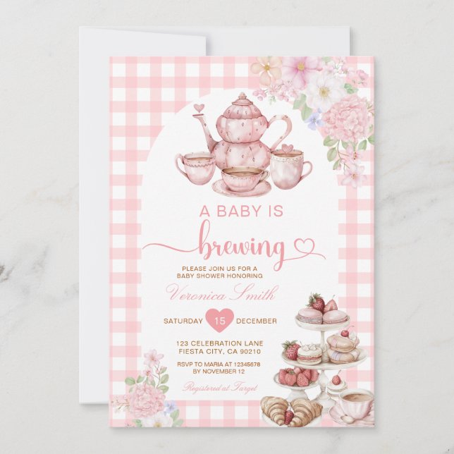 Invitation Elegant Tea A Baby is Brewing Baby Shower Flowers (Devant)