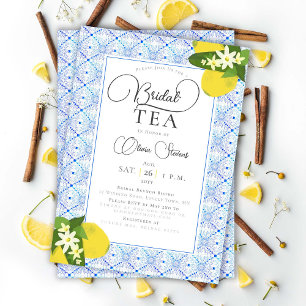 Invitation Elégant Tea Party Lemons Carreaux Bleus Douche
