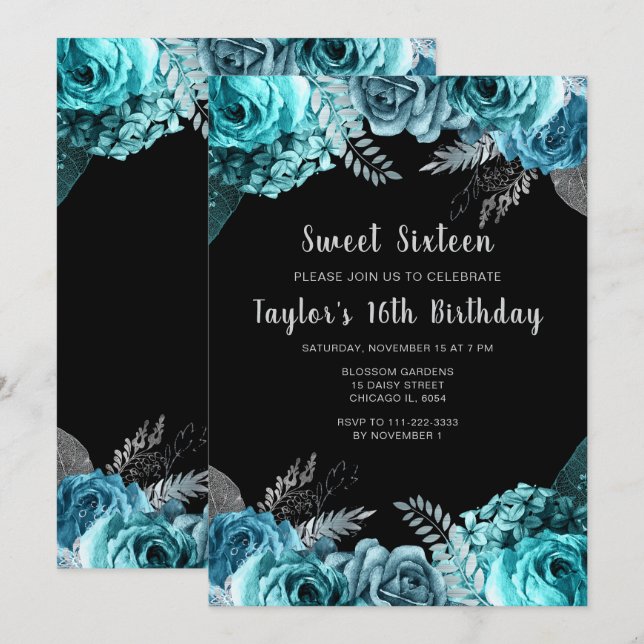 Invitation Elegant Teal Blue and Silver Flowers Sweet Sixteen (Devant / Derrière)