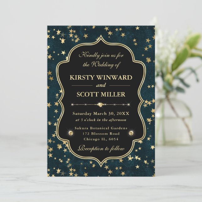 Invitation Elegant Teal & Gold Celestial Starry Wedding (Debout devant)